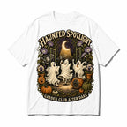 White Haunted Spotlight Garden Club Halloween graphic T-shirt on a light background