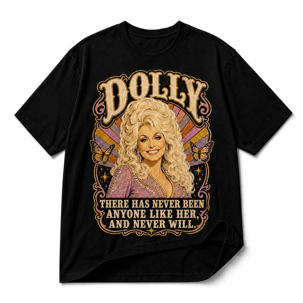 Dolly Parton portrait tribute graphic on black tee, white background