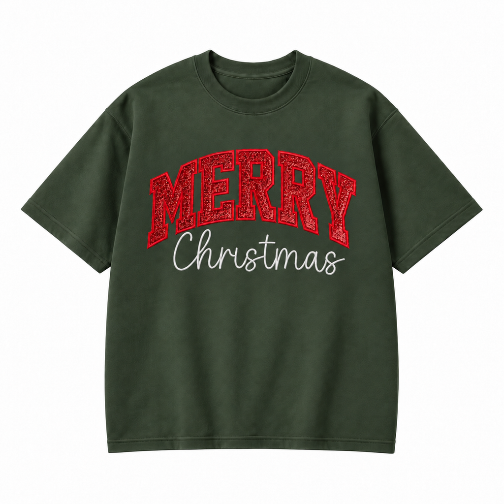 Merry Christmas Glitter Embroidered Holiday Apparel