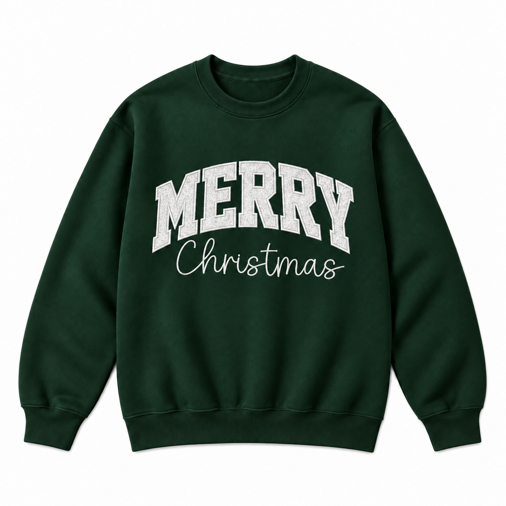Merry Christmas Glitter Embroidered Holiday Apparel