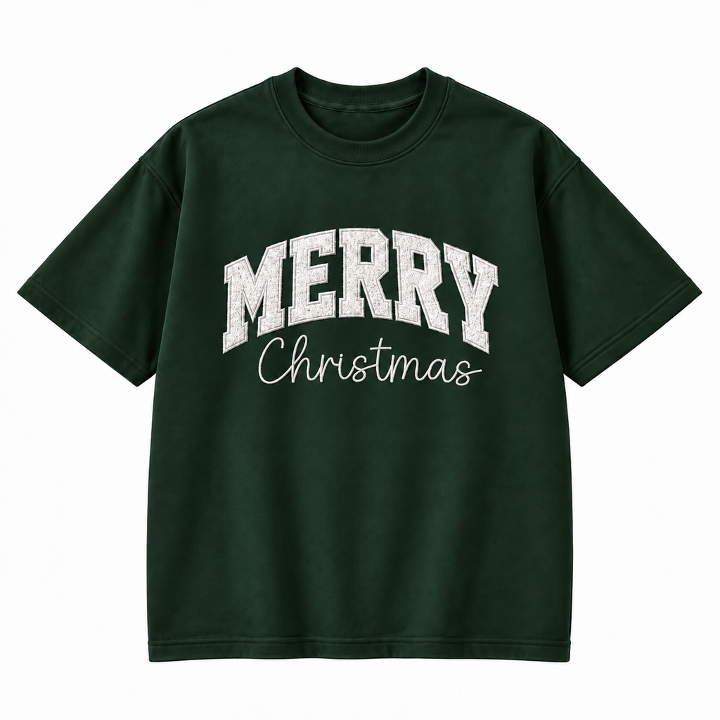 Merry Christmas Glitter Embroidered Holiday Apparel