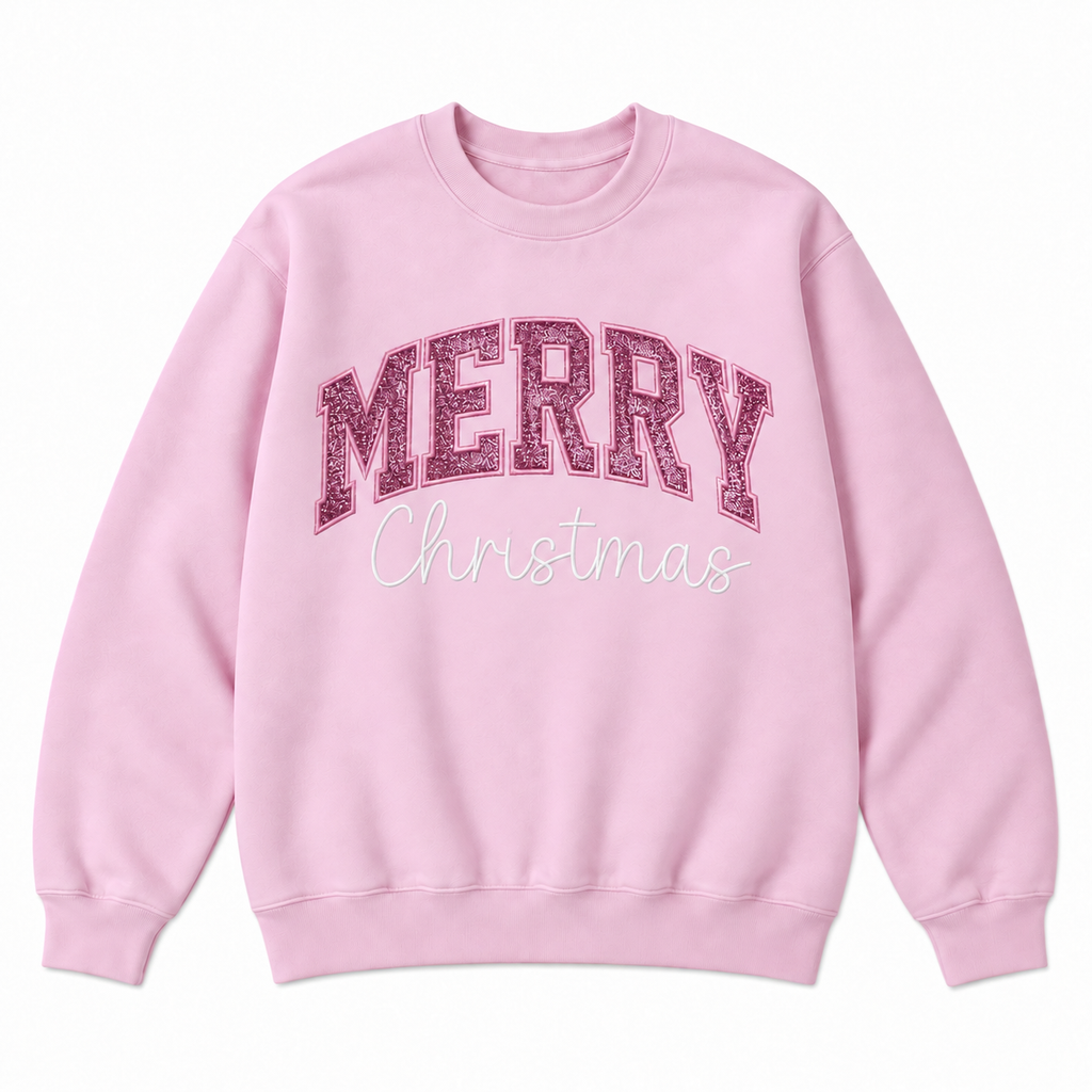 Merry Christmas Glitter Embroidered Holiday Apparel