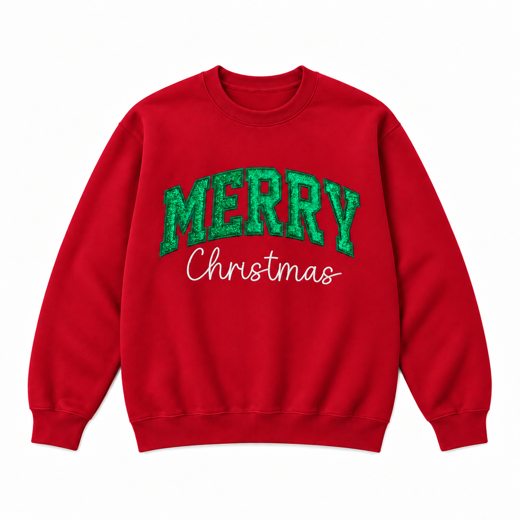 Merry Christmas Glitter Embroidered Holiday Apparel
