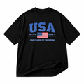 USA 250 Years of Freedom black graphic T-shirt on pure white background