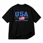 USA 250 Years of Freedom black graphic T-shirt on pure white background