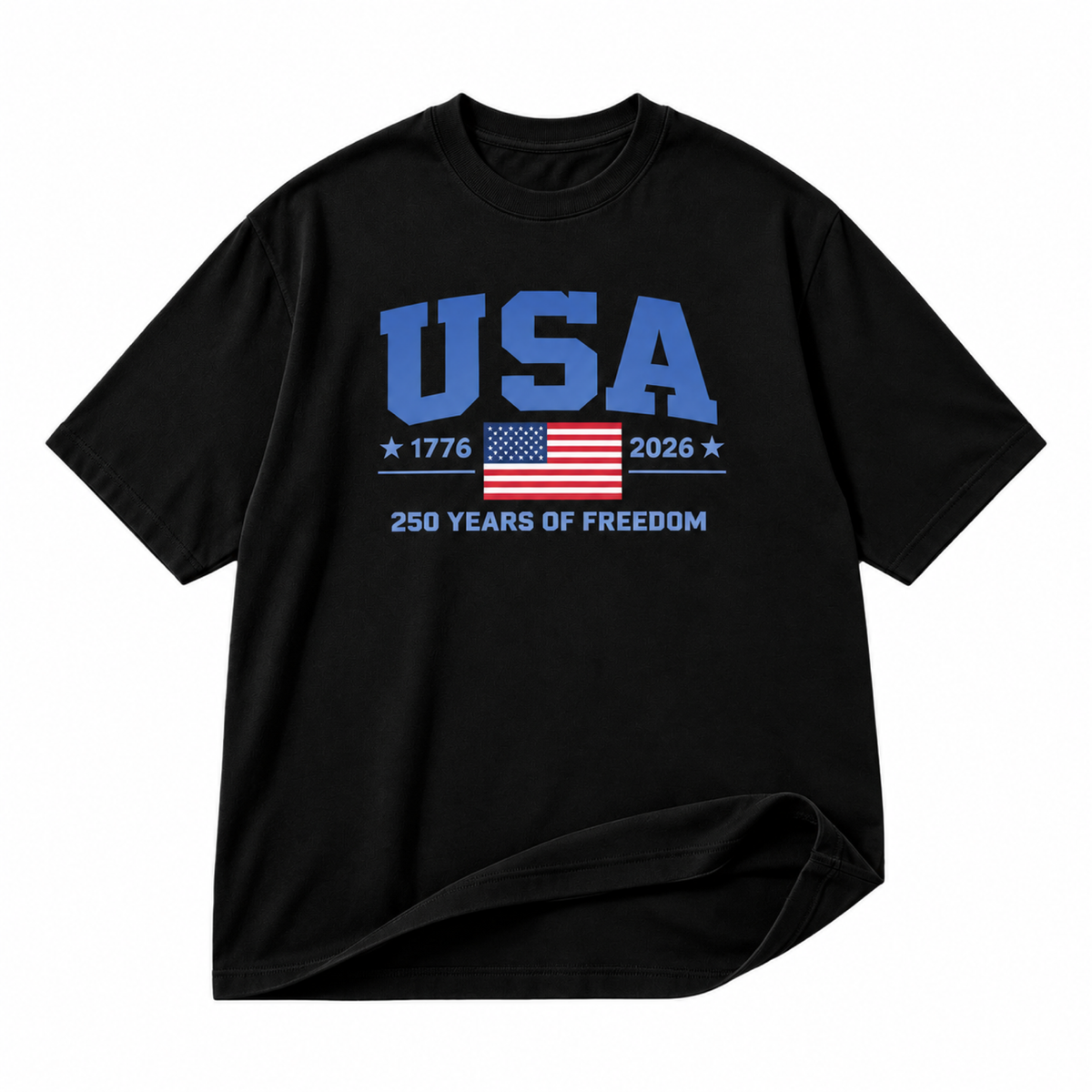USA 250 Years of Freedom black graphic T-shirt on pure white background