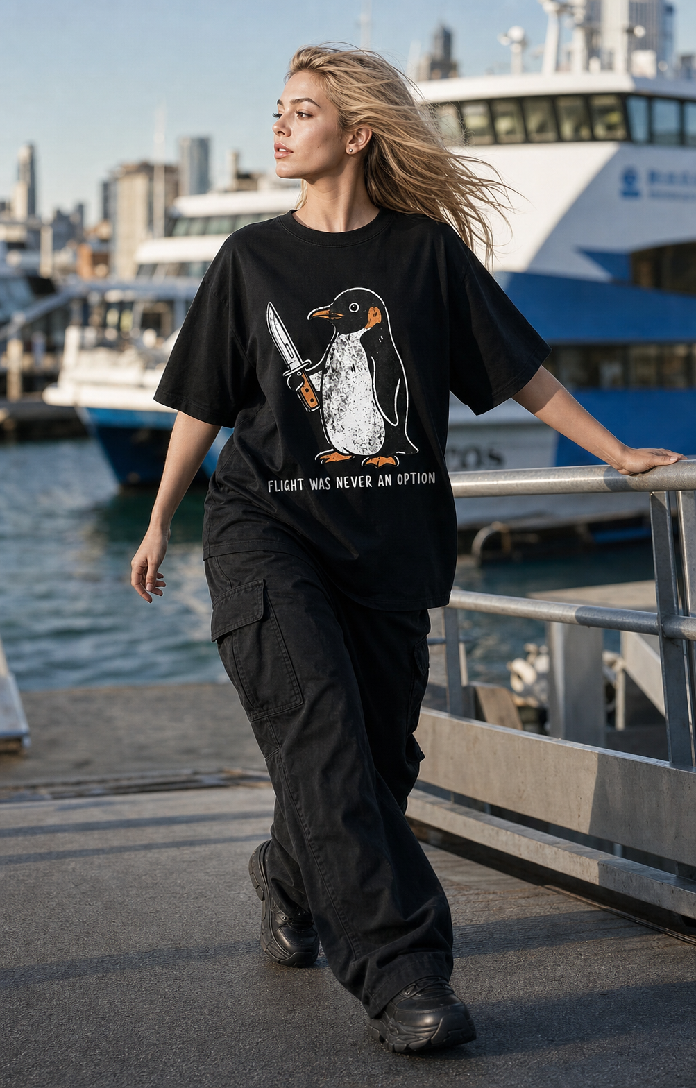 FLIGHT WAS NEVER AN OPTION FUNNY PENGUIN GRAPHIC T-SHIRT