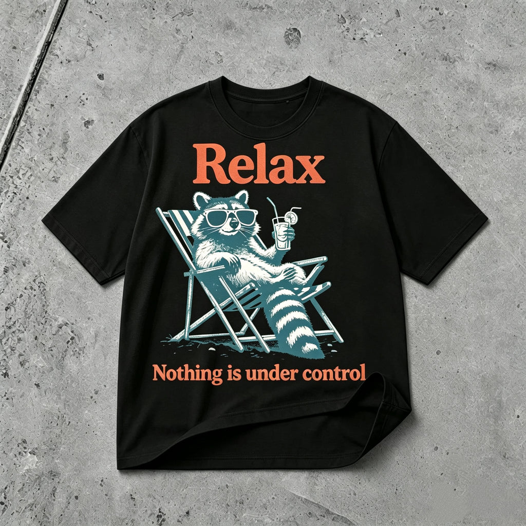 Relax Nothing Is Under Control funny raccoon graphic T-shirt black tee