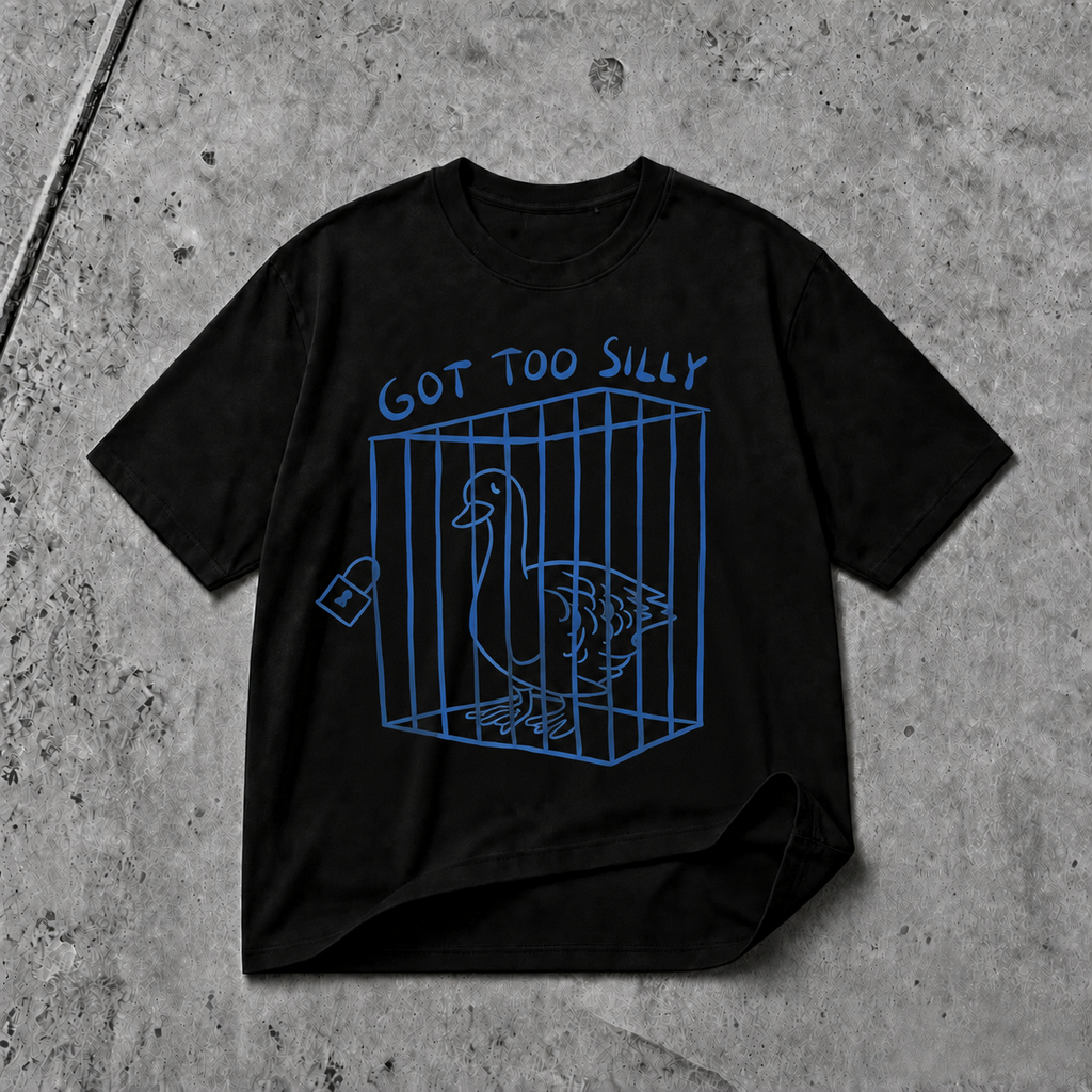 Black Got Too Silly goose graphic T-shirt with blue bird cage design