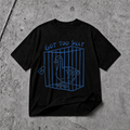 Black Got Too Silly goose graphic T-shirt with blue bird cage design