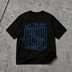 Black Got Too Silly goose graphic T-shirt with blue bird cage design