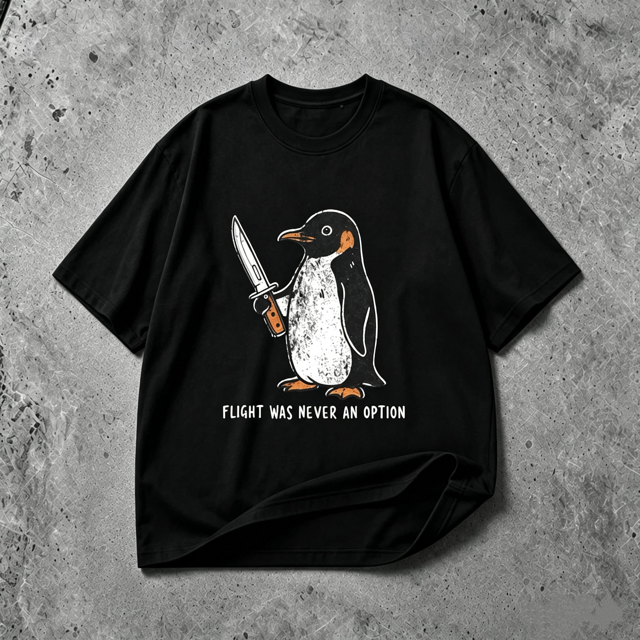 Flight Was Never An Option funny penguin graphic T-shirt black tee