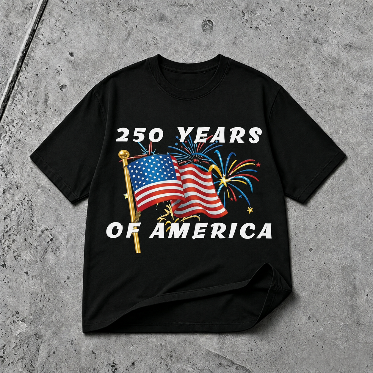 America 250th anniversary patriotic flag and fireworks graphic T-shirt black tee