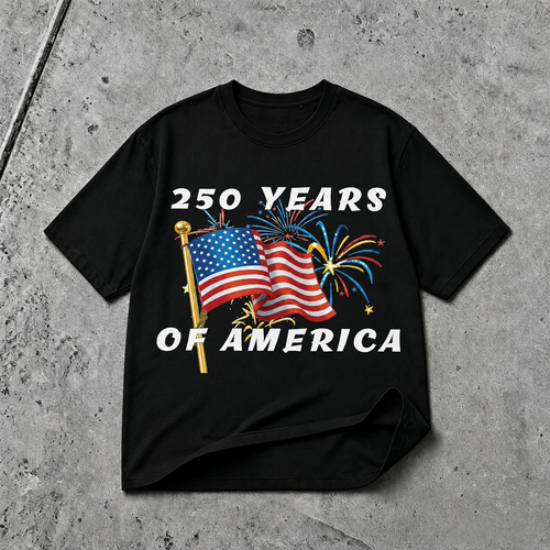 America 250th anniversary patriotic flag and fireworks graphic T-shirt black tee