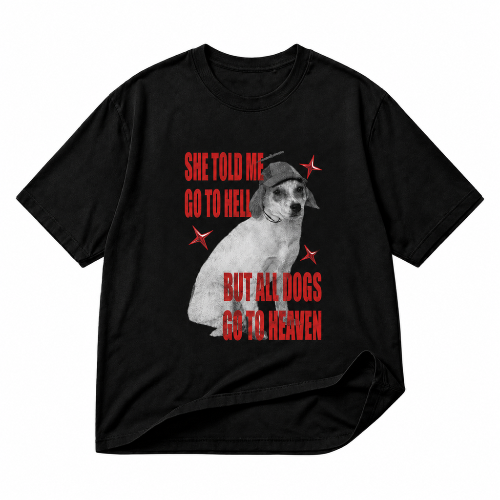 All Dogs Go to Heaven black graphic T-shirt on pure white background