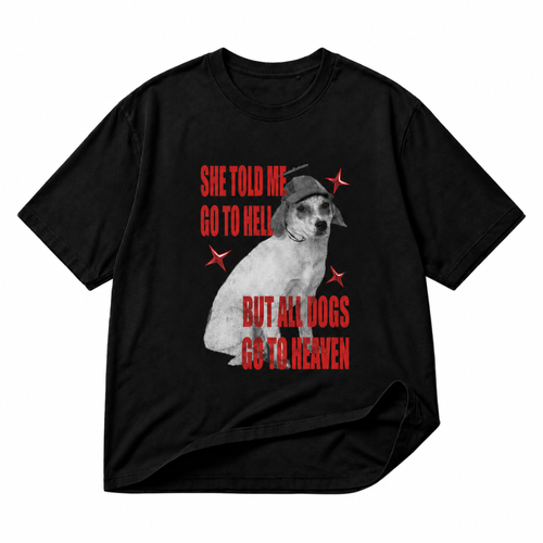 All Dogs Go to Heaven black graphic T-shirt on pure white background