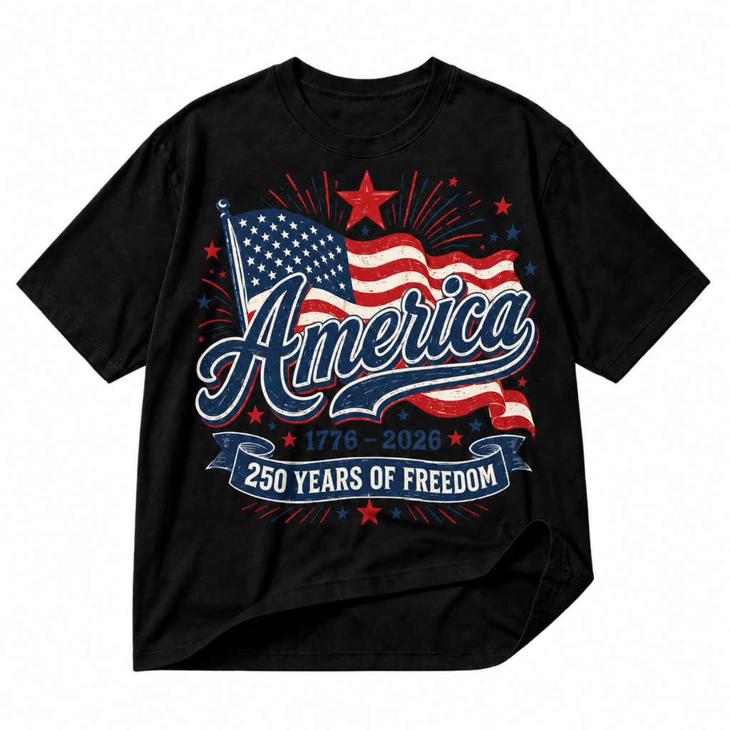 America 250 Years of Freedom black graphic T-shirt on pure white background