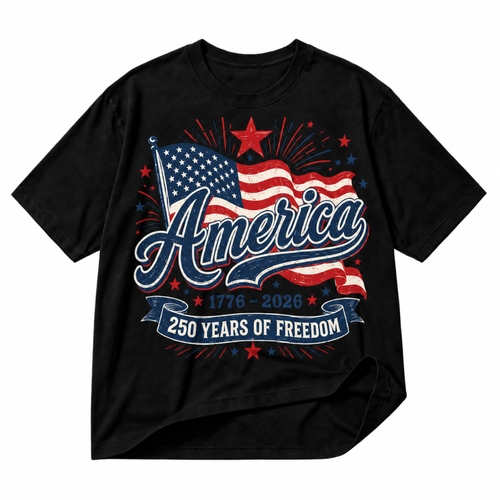 America 250 Years of Freedom black graphic T-shirt on pure white background