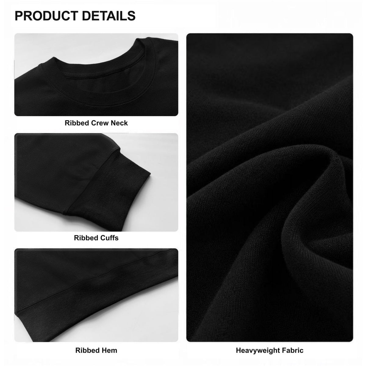Crewneck sweatshirt detail photos: ribbed crew neck, cuffs and hem, and heavyweight fabric