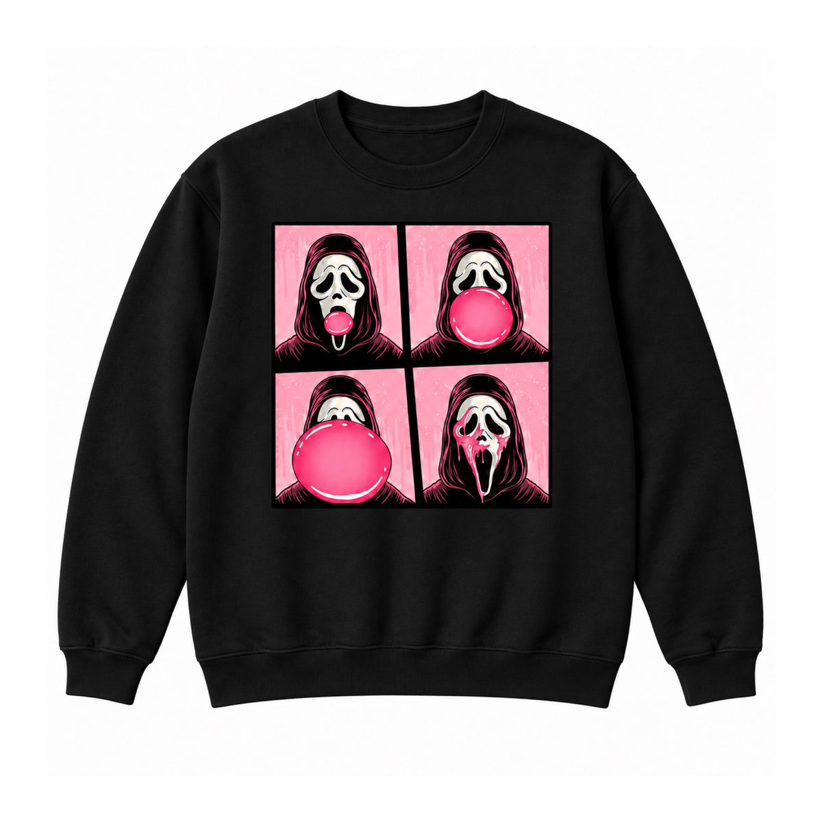 Bubblegum ghost mask Halloween graphic on Black crewneck sweatshirt, front view