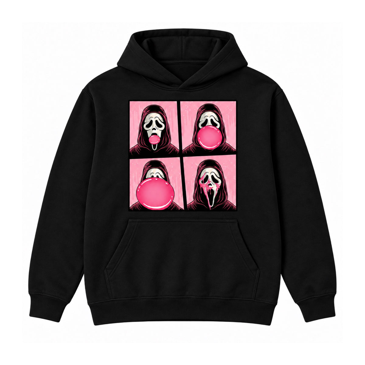 Bubblegum ghost mask Halloween graphic on Black drawstring-free hoodie, front view