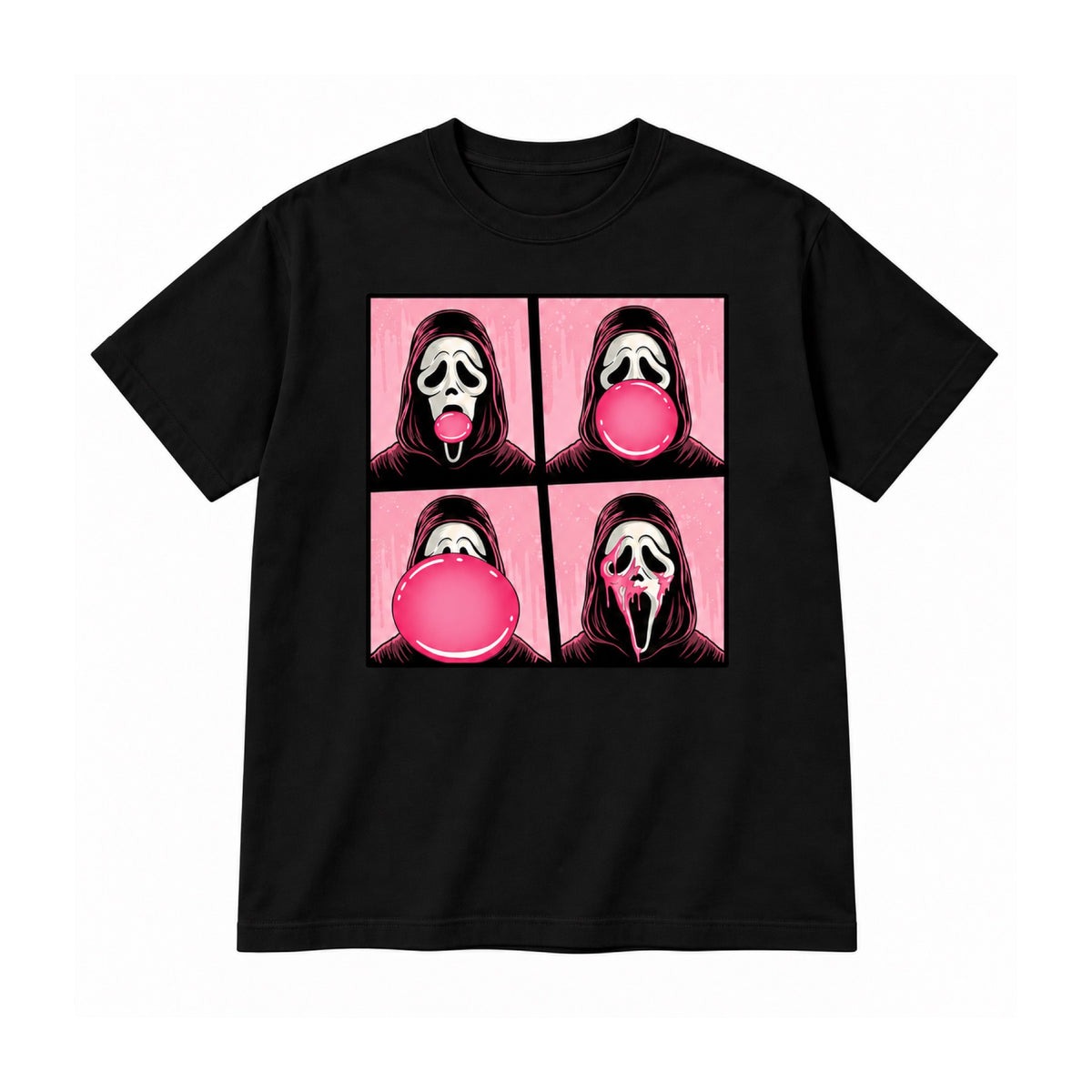 Bubblegum ghost mask Halloween graphic on Black T-shirt, front view