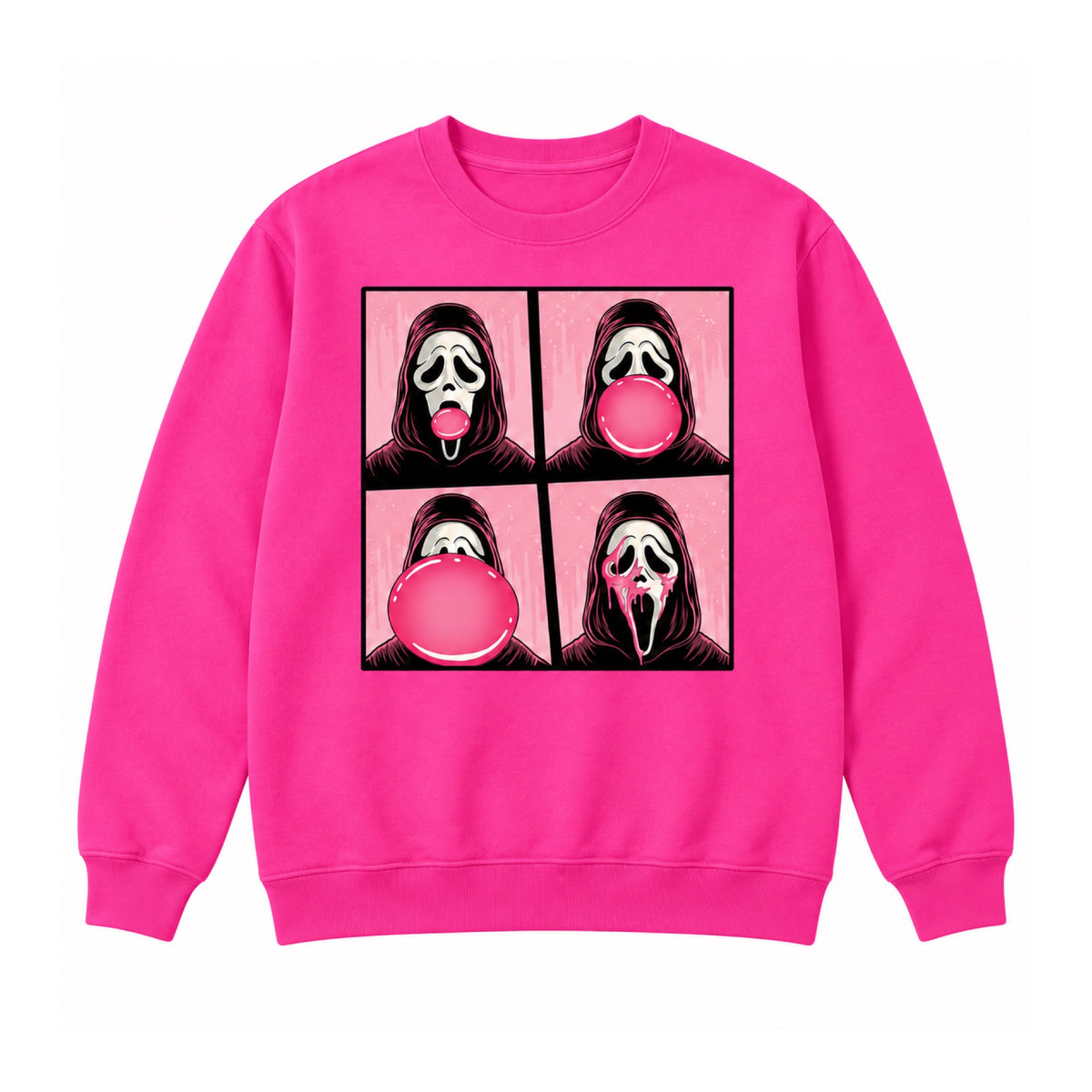 Bubblegum ghost mask Halloween graphic on Barbie Pink crewneck sweatshirt, front view