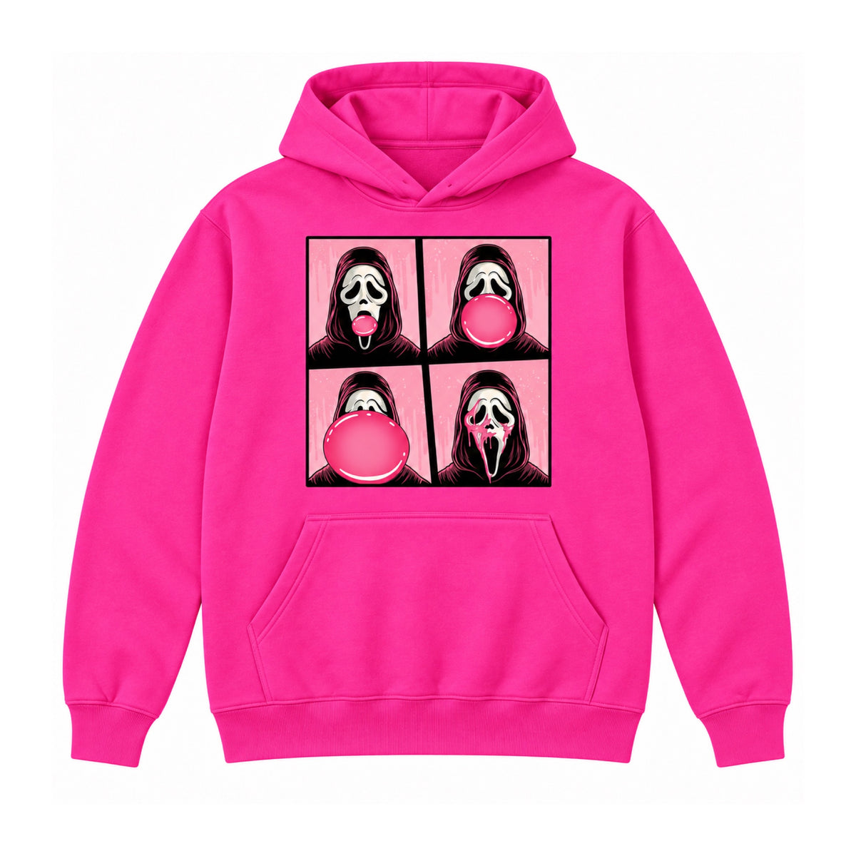 Bubblegum ghost mask Halloween graphic on Barbie Pink drawstring-free hoodie, front view