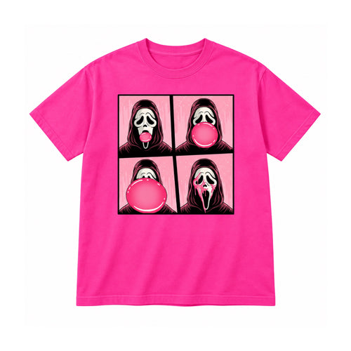 Bubblegum ghost mask Halloween graphic on Barbie Pink T-shirt, front view