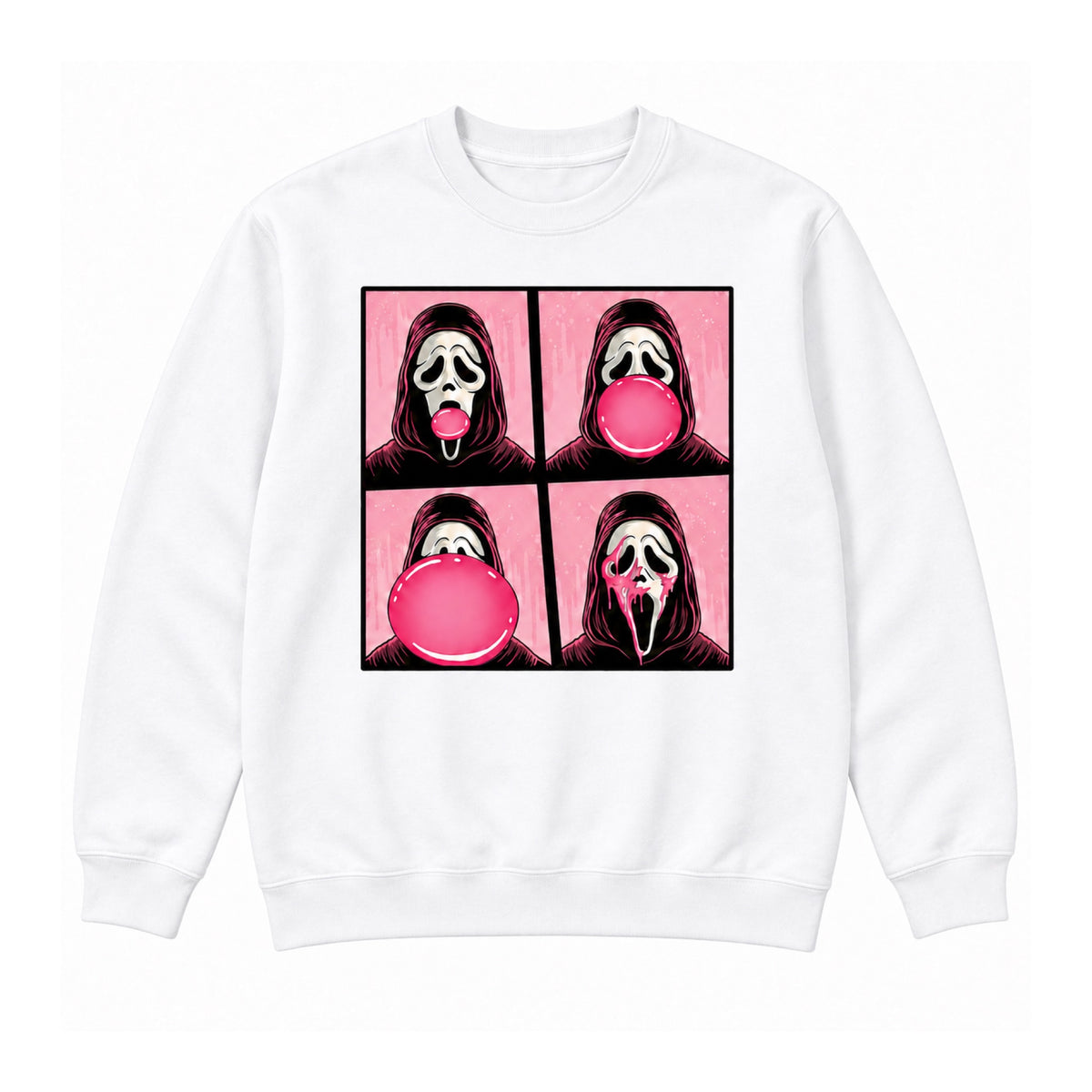 Bubblegum ghost mask Halloween graphic on White crewneck sweatshirt, front view