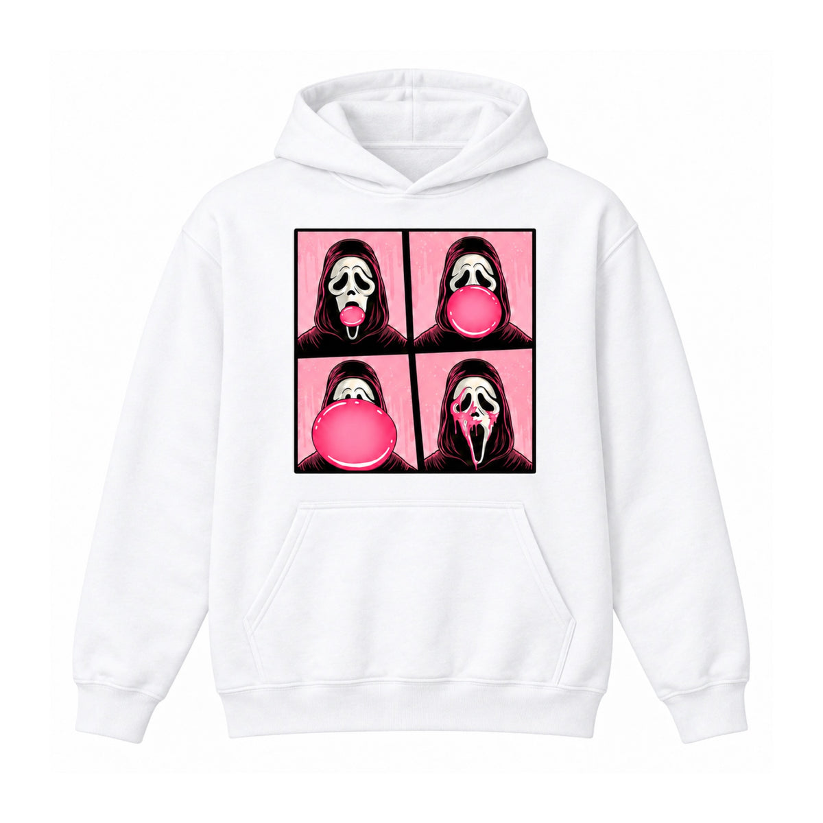 Bubblegum ghost mask Halloween graphic on White drawstring-free hoodie, front view
