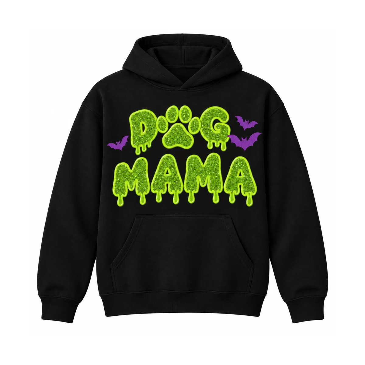 Black embroidered DOG MAMA Halloween hoodie front view