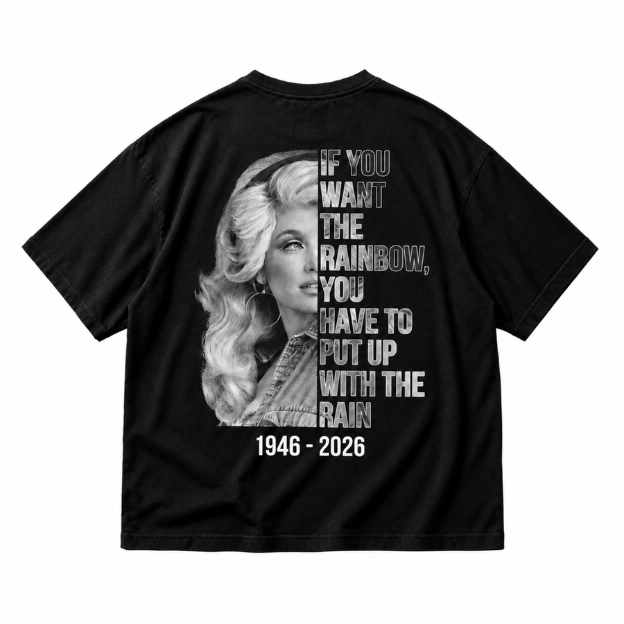 Dolly Parton tribute black graphic T-shirt back view on pure white background