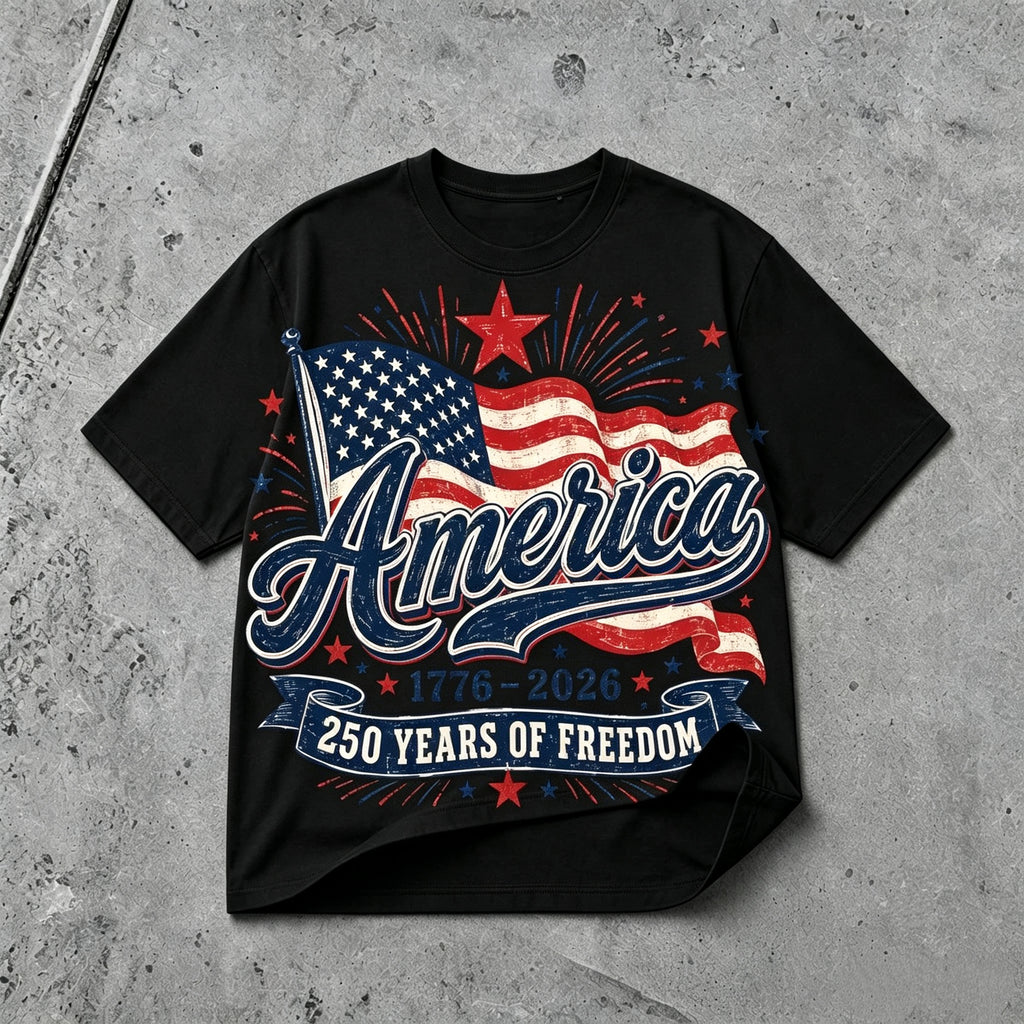 America 250th anniversary 1776-2026 patriotic graphic T-shirt with USA flag design