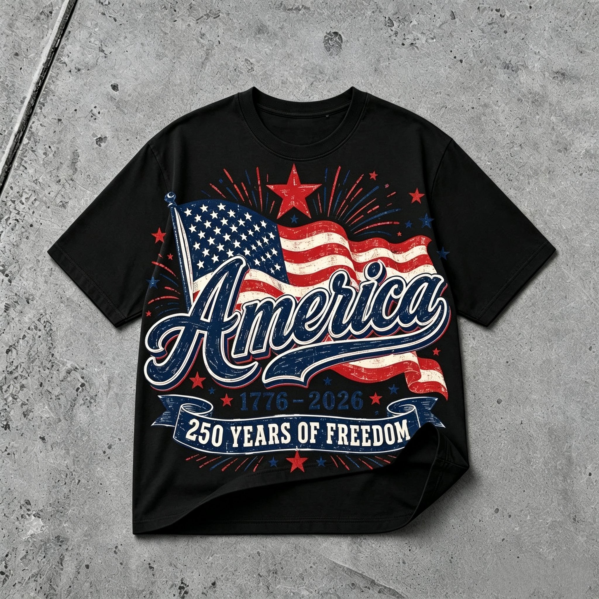 America 250th anniversary 1776-2026 patriotic graphic T-shirt with USA flag design