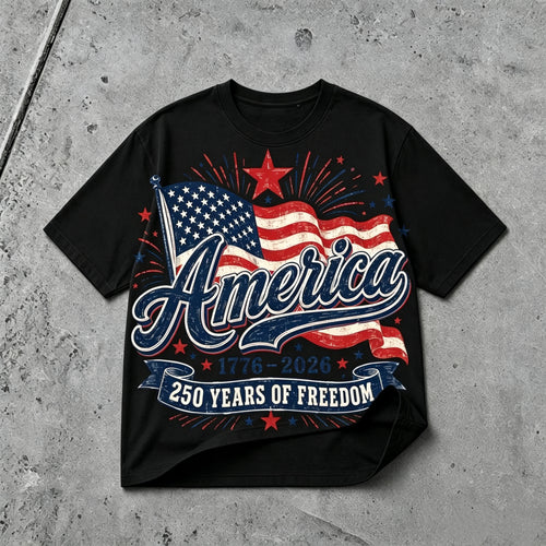 America 250th anniversary 1776-2026 patriotic graphic T-shirt with USA flag design