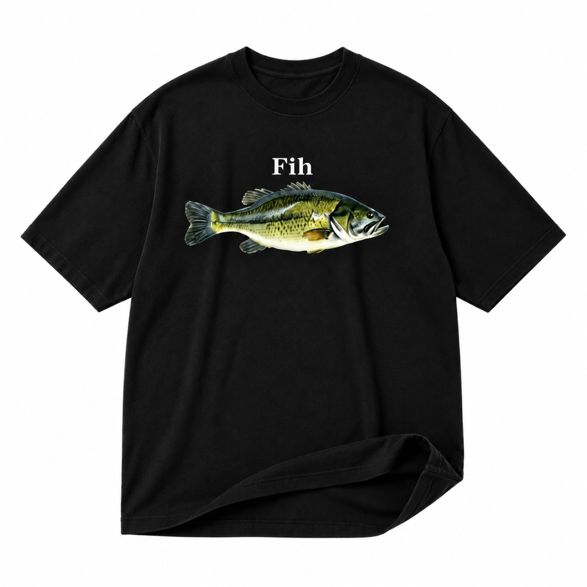Fih fish black graphic T-shirt on pure white background