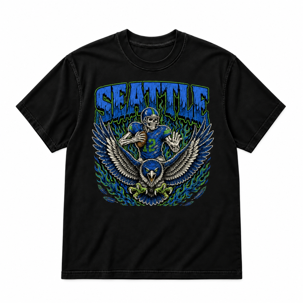 Seattle football graphic black T-shirt on pure white background