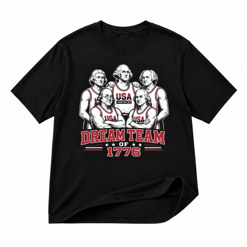 Founding Fathers Dream Team of 1776 black graphic T-shirt on pure white background