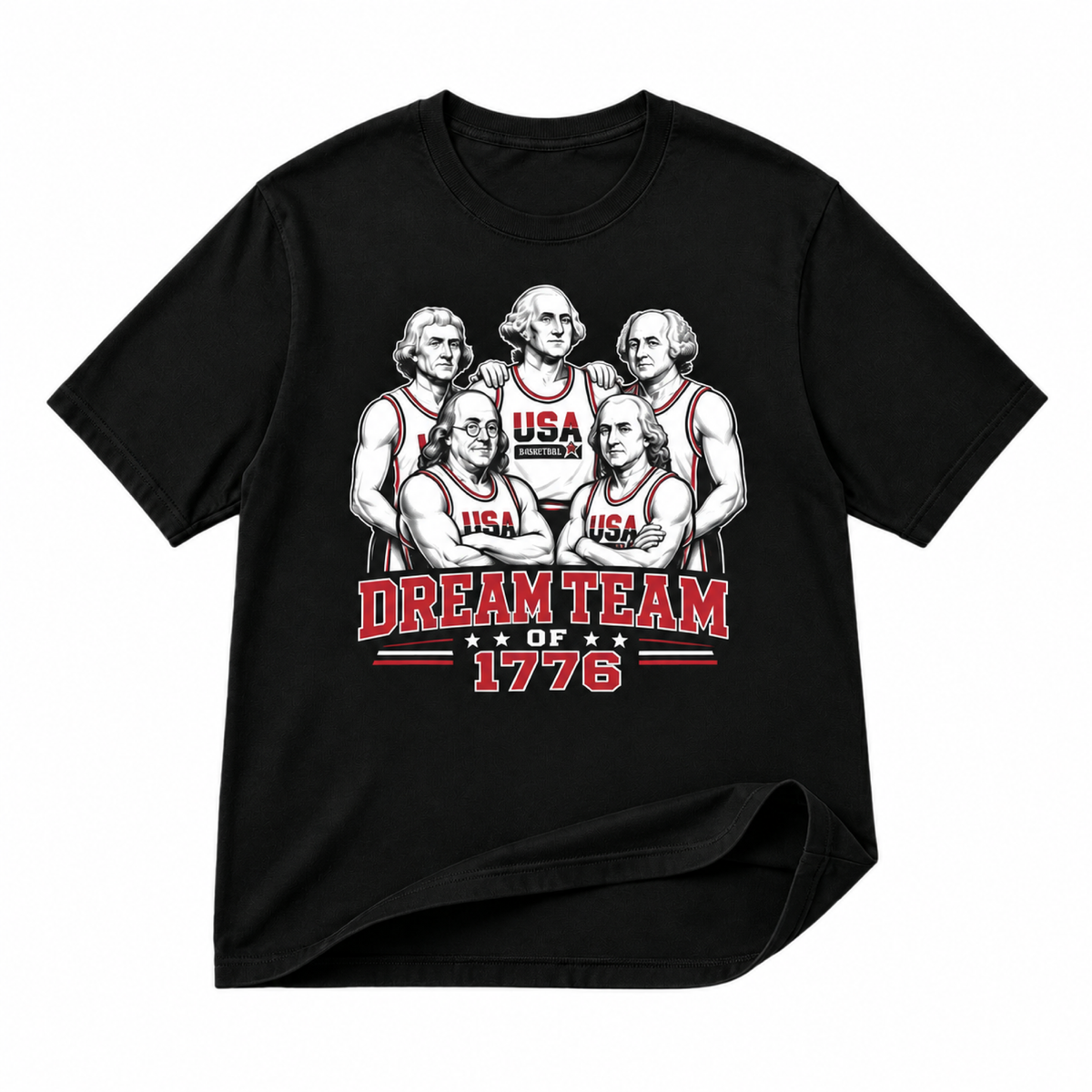 Founding Fathers Dream Team of 1776 black graphic T-shirt on pure white background