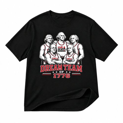 Founding Fathers Dream Team of 1776 black graphic T-shirt on pure white background