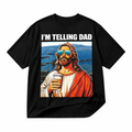 I'm Telling Dad Jesus meme black graphic T-shirt on pure white background