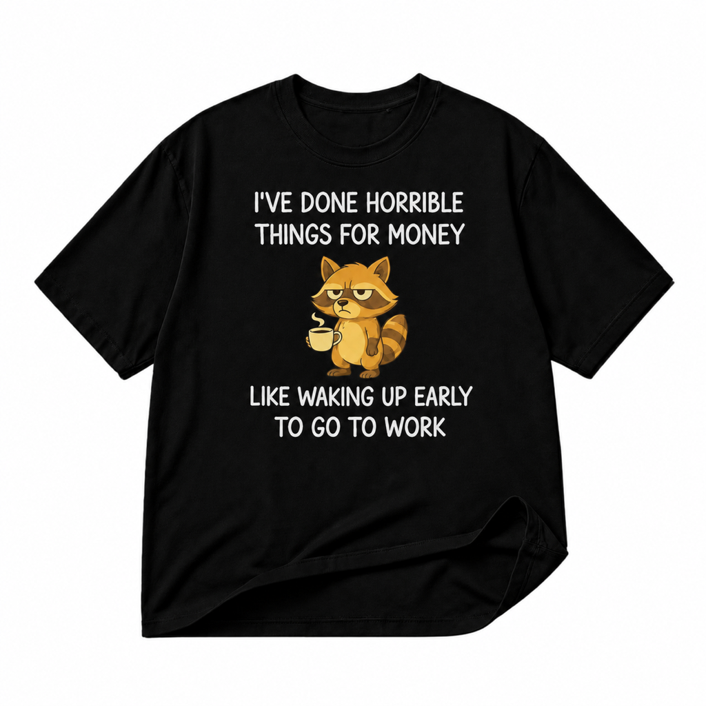 Funny raccoon coffee quote black graphic T-shirt on pure white background