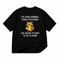 Funny raccoon coffee quote black graphic T-shirt on pure white background