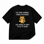 Funny raccoon coffee quote black graphic T-shirt on pure white background