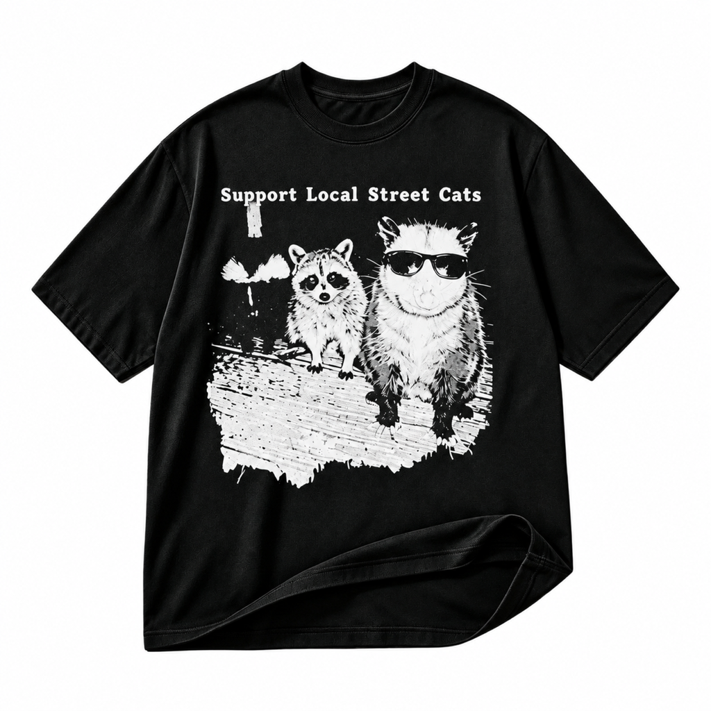 Support Local Street Cats animal black graphic T-shirt on pure white background