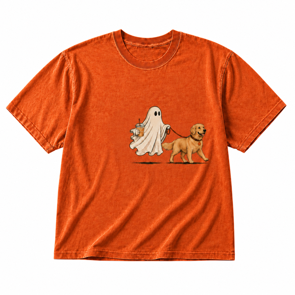 Ghost walking dog orange graphic T-shirt on pure white background
