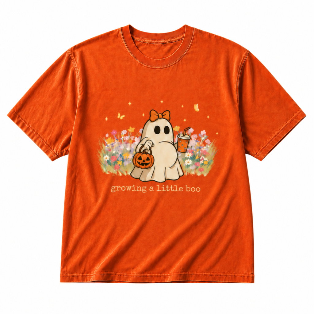 Growing a Little Boo orange graphic T-shirt on pure white background