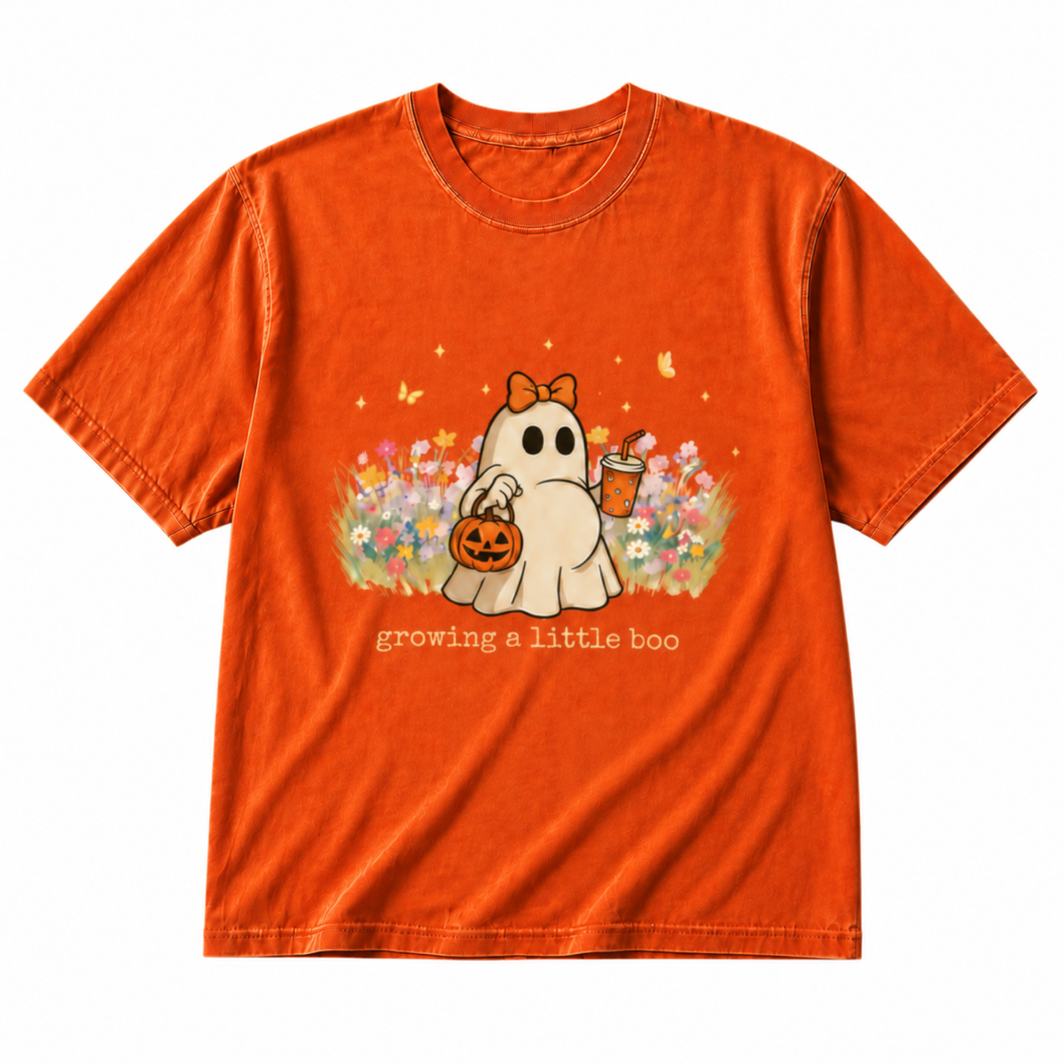 Growing a Little Boo orange graphic T-shirt on pure white background