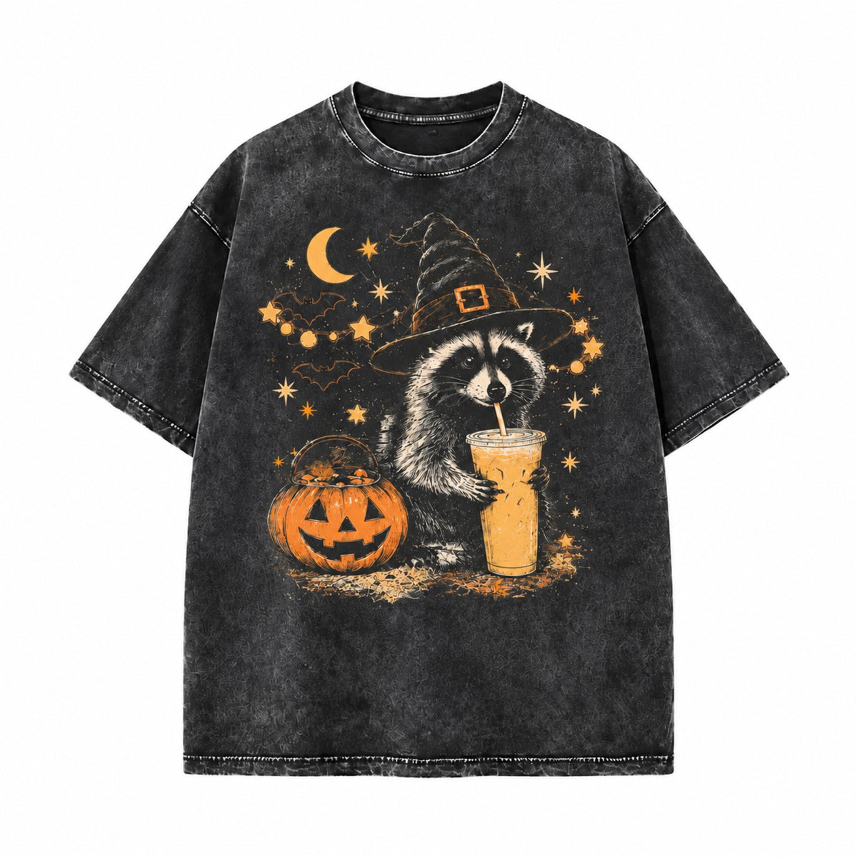 Halloween Raccoon Witch Washed Black T-Shirt front view